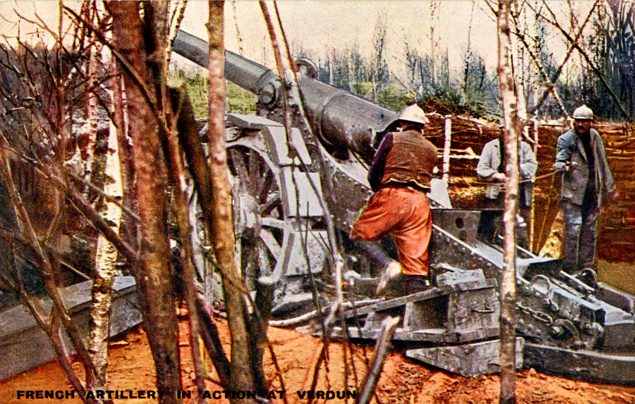 Artiglieria francese a Verdun, durante la Prima Guerra Mondiale da Unbekannter Künstler