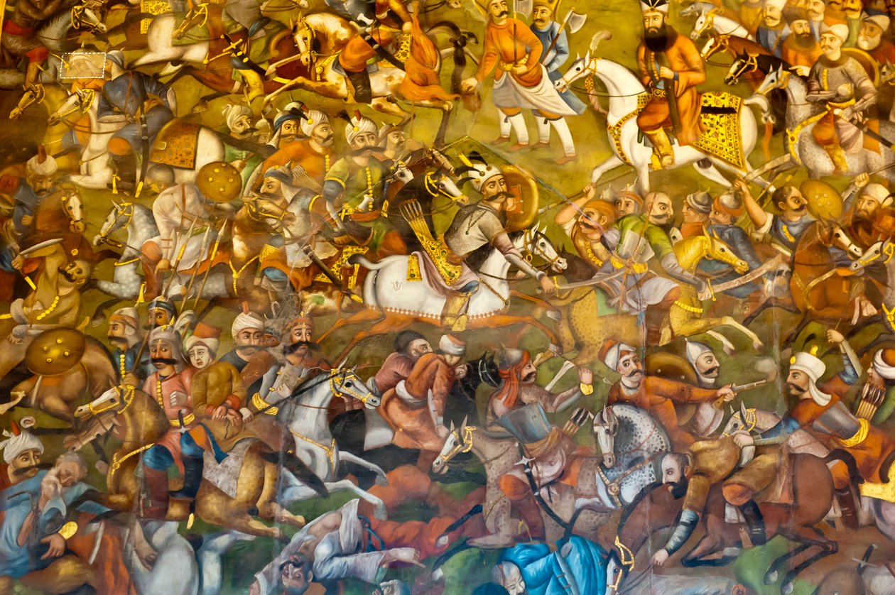 Affresco; battaglia di Chaldiran contro il Sultano Ottomano Selim I; 1514; Chehel Sotoun; Palazzo delle Quaranta Colonne; Isfahan; Iran; Asia da Unbekannt