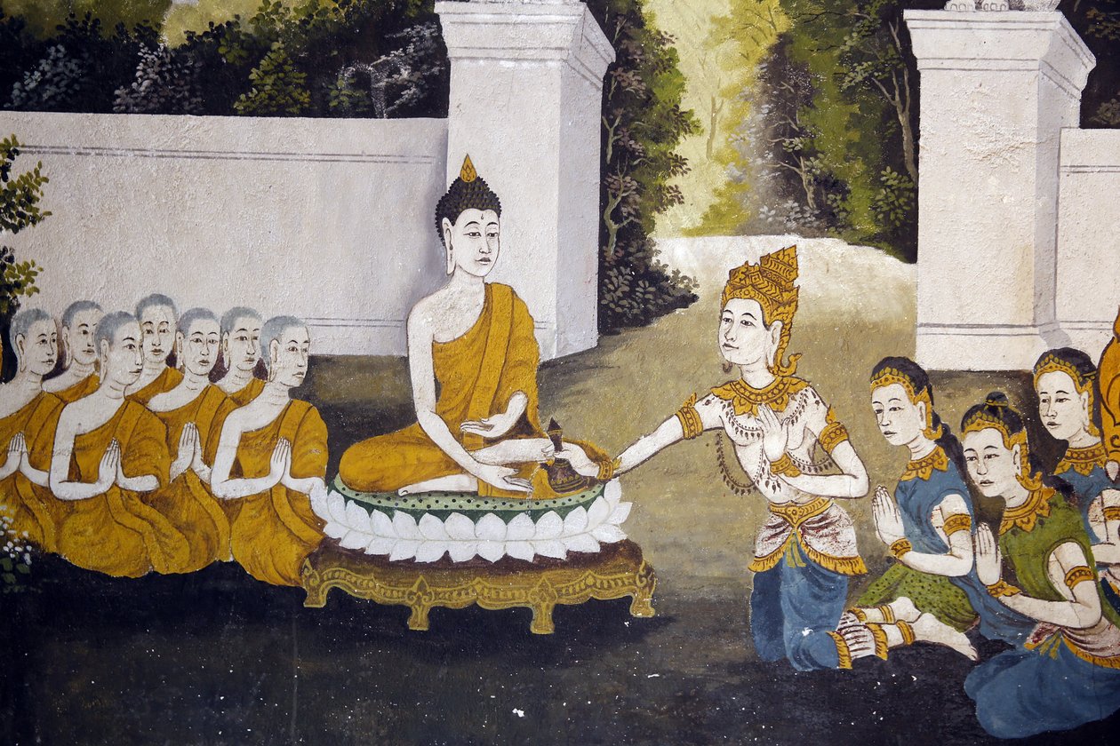 Affresco che raffigura una scena della vita del Buddha nel Wat Phra Doi Suthep, Chiang Mai. Buddha che riceve elemosine. Thailandia da Unbekannt
