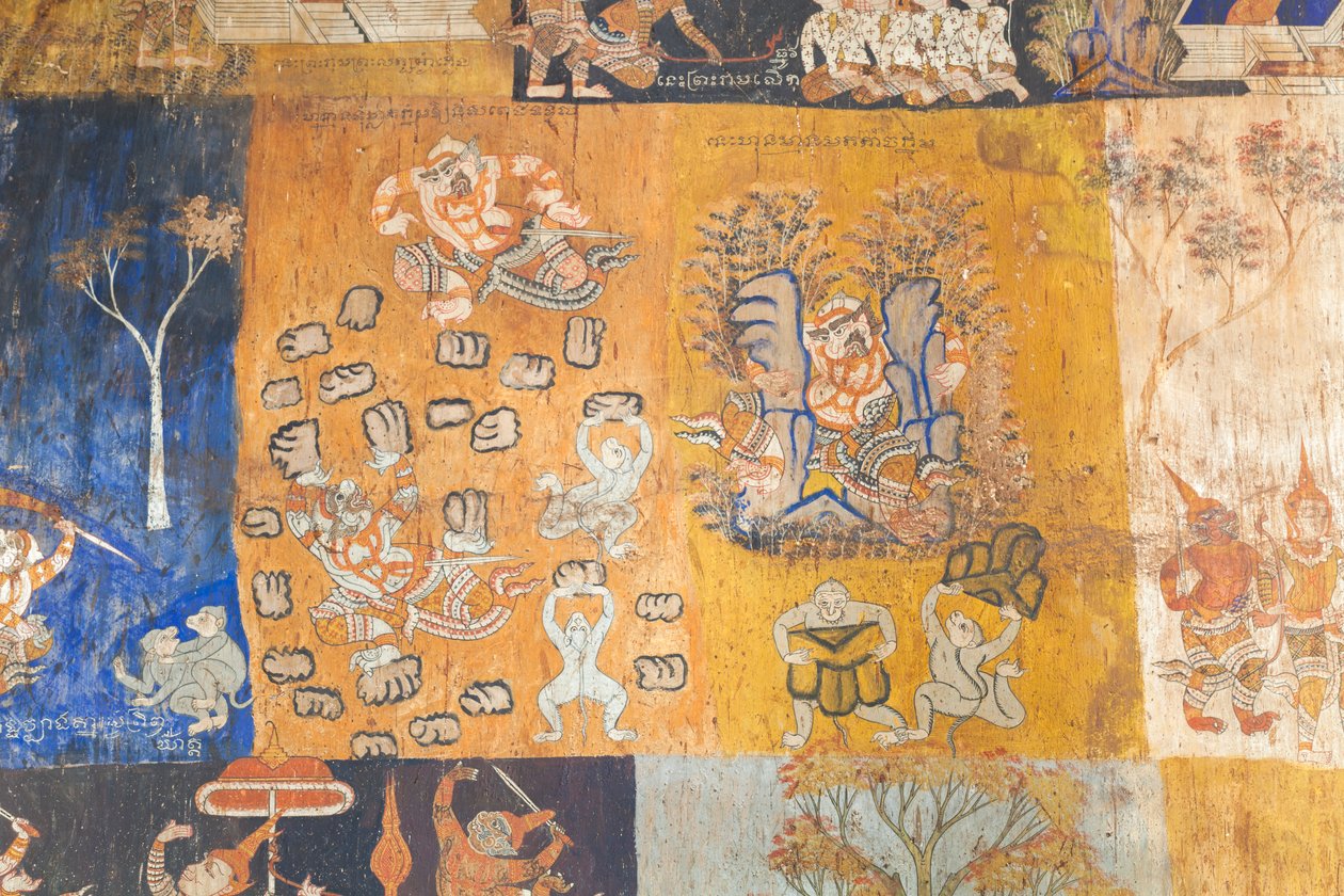 Affreschi che adornano le pareti di Wat Bo raffiguranti scene del Reamker, Siem Reap, Cambogia da Unbekannter Künstler