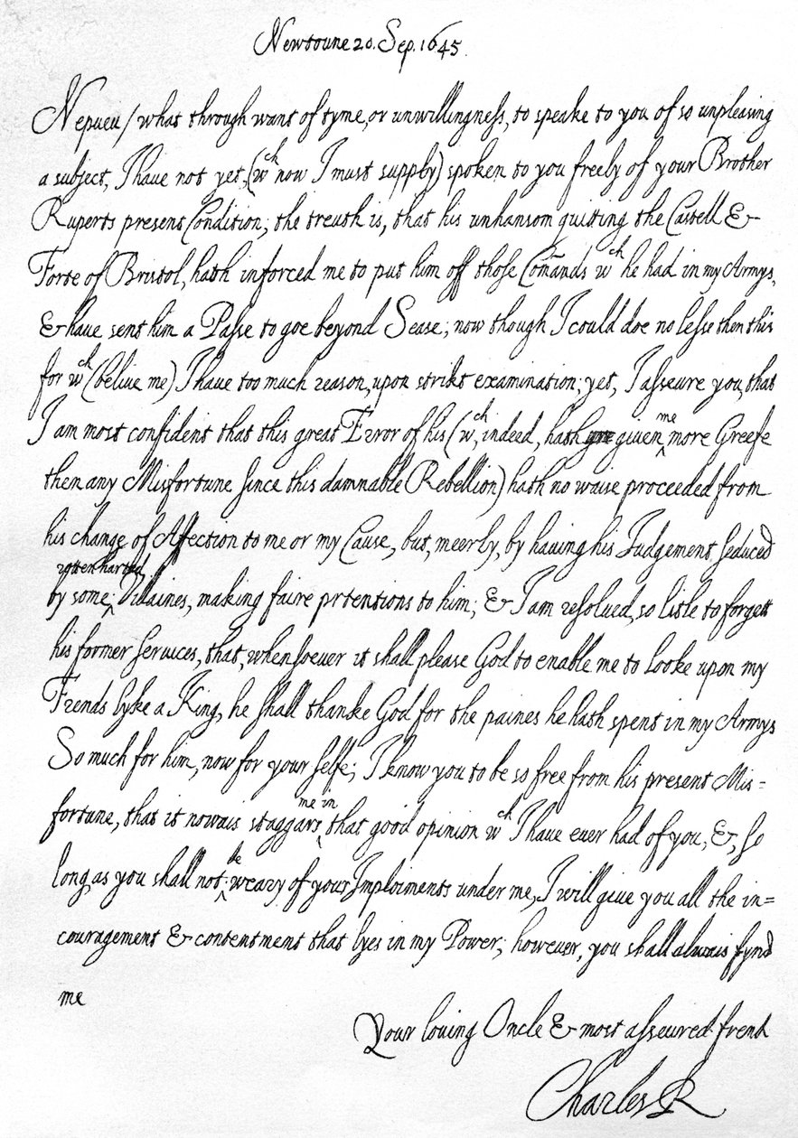 Lettera amichevole di Carlo I a suo nipote, il Principe Maurizio, scritta a Newtown, Powys, Galles, 20 settembre da Unbekannt