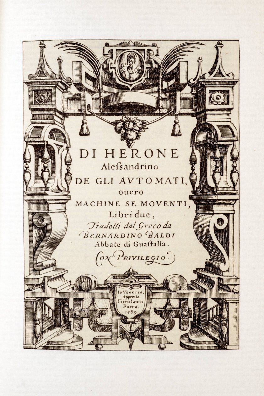 Frontespizio di "Gli automi" di Erone di Alessandria (I secolo) 1589 da Unbekannt