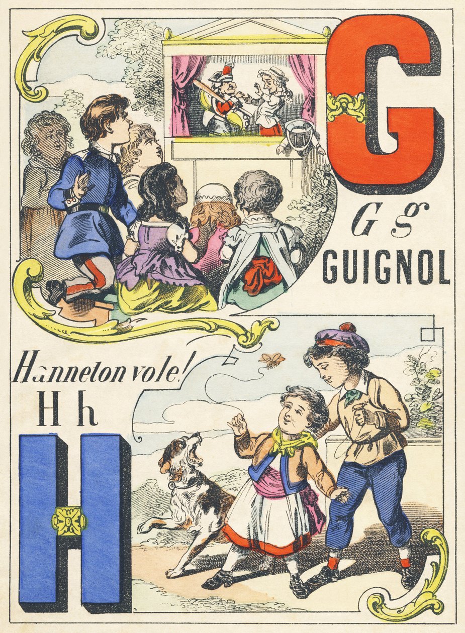 G H : Guignol, Hanneton vola! - Alfabeto dei Giochi, c.1890 (illustrazione) da Unbekannt