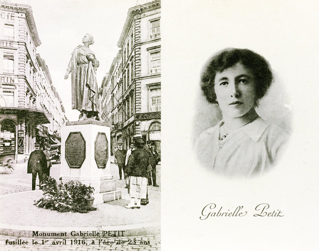 Gabrielle Petit e il monumento eretto in suo onore a Bruxelles, cartoline commemorative, c.1925 (litografia) da Unbekannter Künstler