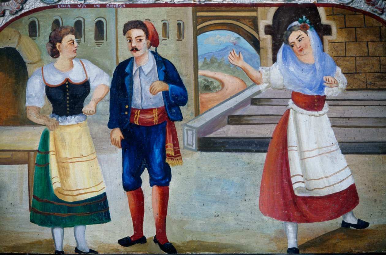 Scena galante con personaggi in costume, dipinto su pannello di legno, artigianato siciliano, Sicilia, Italia (dettaglio) da William M. Timlin