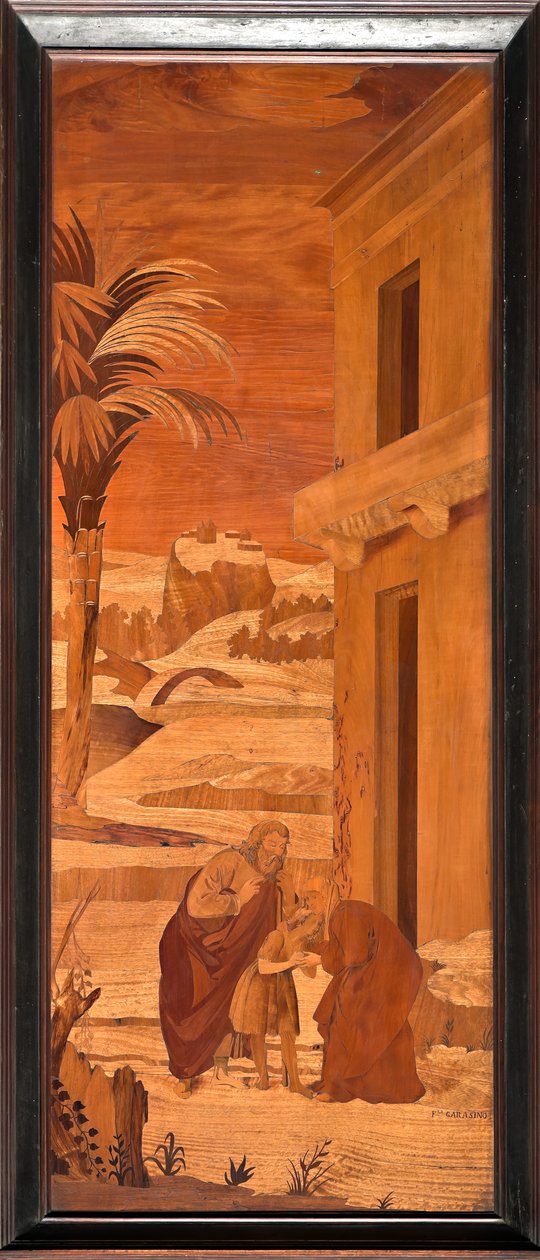 Genova, Duomo (Cattedrale di San Lorenzo), interno, abside, coro, lato nord: "San Giovanni Battista si congeda dalla sua famiglia", intarsio ligneo di Vincenzo e Tommaso Garassino (XIX secolo) da Unbekannter Künstler