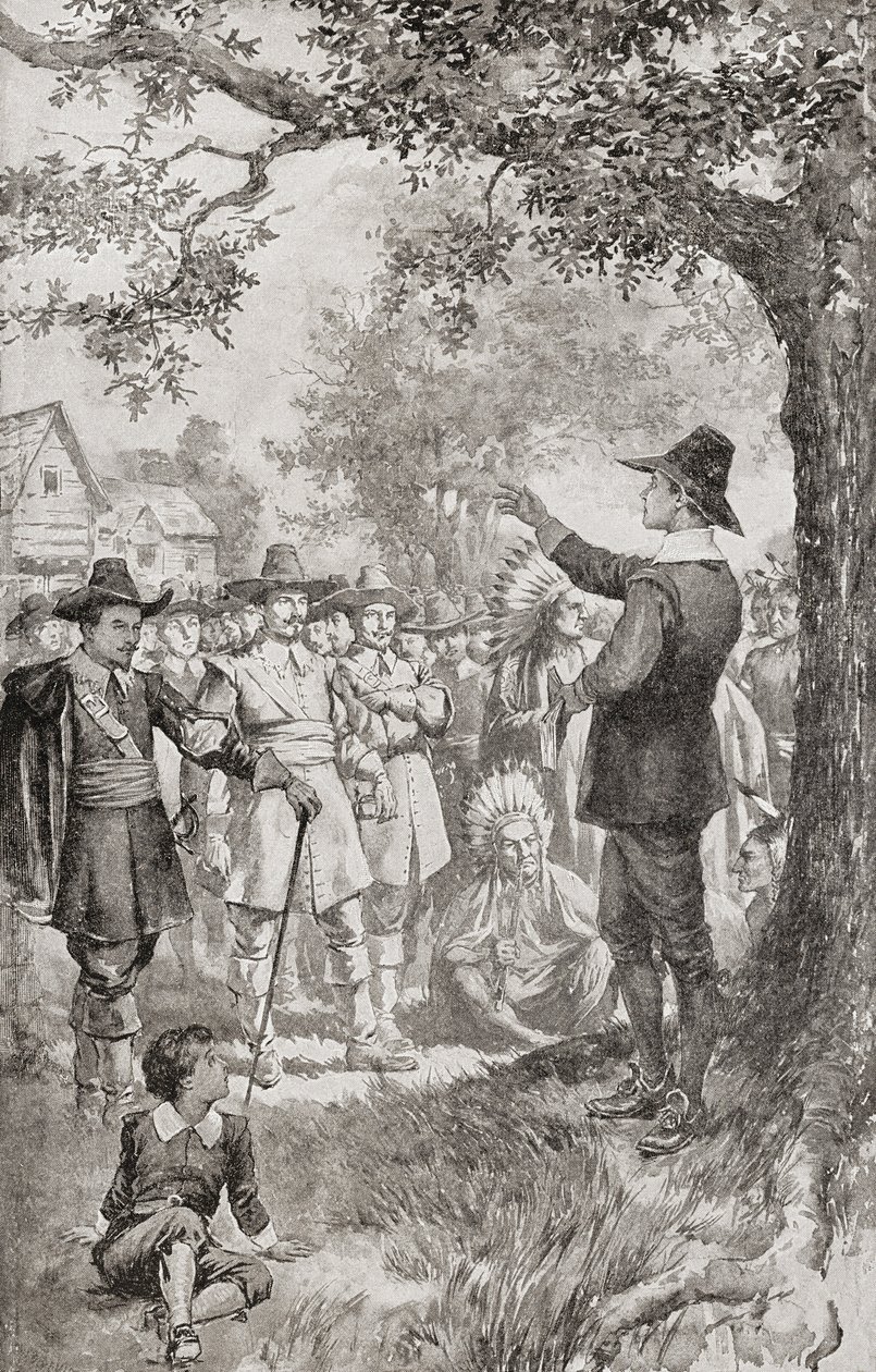 George Fox che predica a una folla nel Maryland, America nel 1671 durante un incontro di quattro giorni dei Quaccheri locali da Unbekannter Künstler