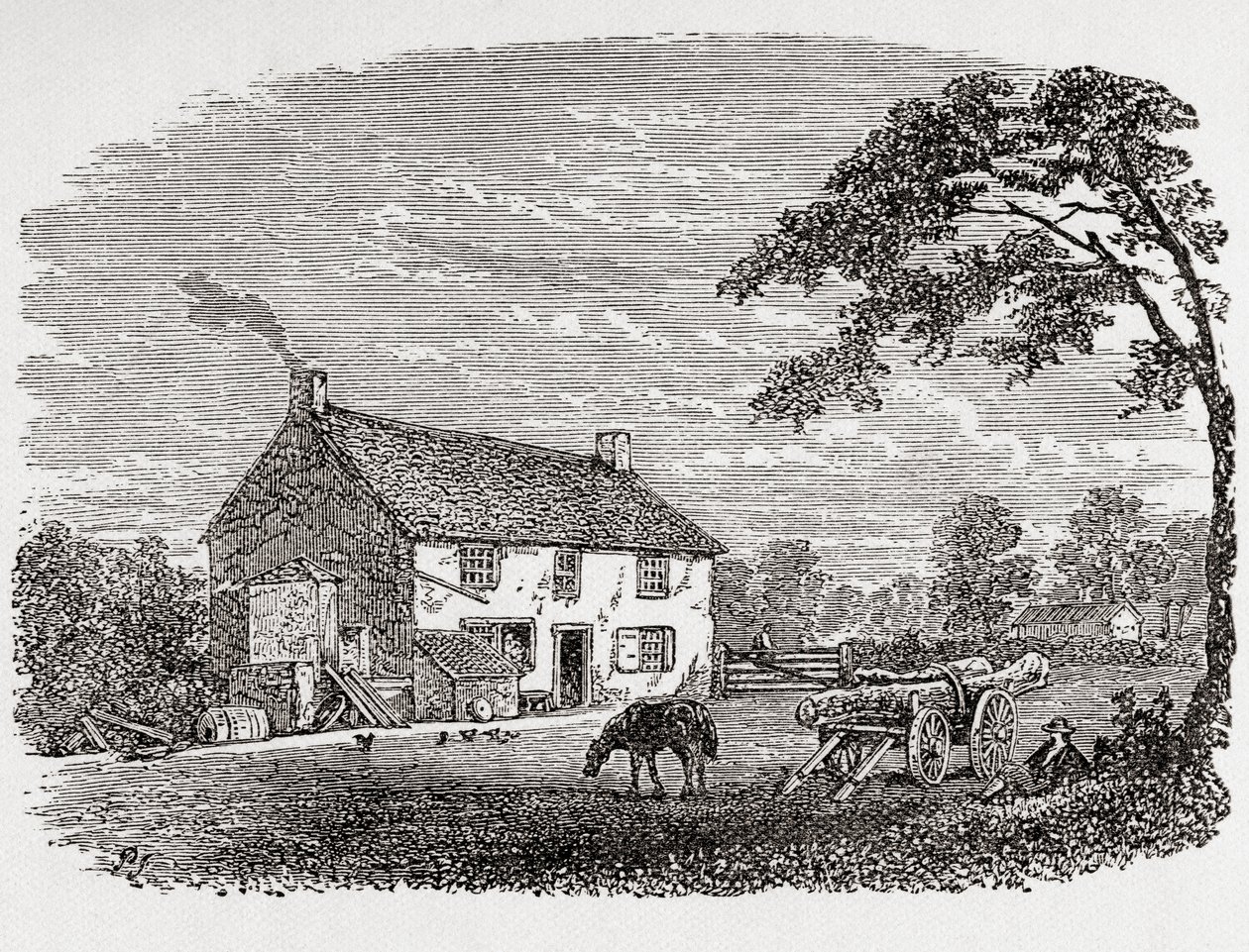 Luogo di nascita di George Stephenson. Un cottage in pietra del 18° secolo, casa di George Stephenson, Wylam, Northumberland, Inghilterra, visto qui nel 19° secolo. Da Great Engineers, pubblicato c.1890 da Unbekannter Künstler