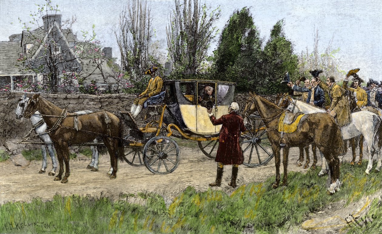 George Washington (1732-1799) salutato dai suoi vicini quando lasciò la Virginia per assumere le sue funzioni di presidente degli Stati Uniti nel 1789. Incisione colorata del XIX secolo da Unbekannter Künstler