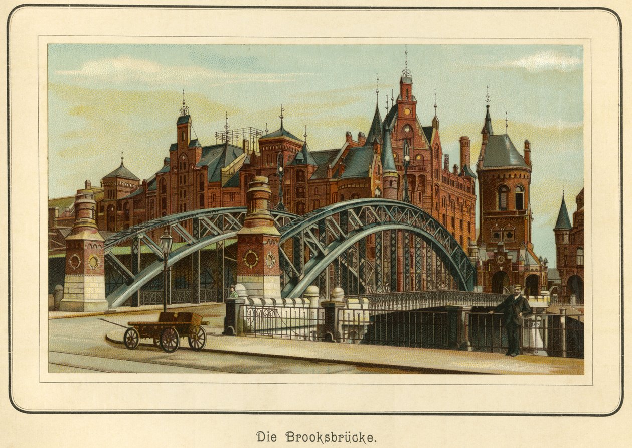 Germania, Amburgo, il "Brooksbruecke" (ponte Brooks) e sullo sfondo i magazzini del porto, chiamati "Speicherstadt", c.1890 da Unbekannter Künstler