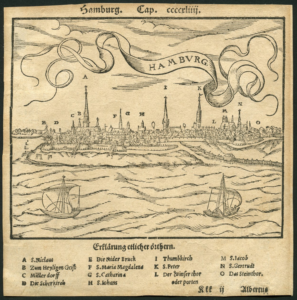 Germania, Amburgo, vista sulla città, in primo piano il fiume Elba, illustrazione dalla Cosmographia di Sebastian Muenster, c.1570 (incisione) da Unbekannter Künstler