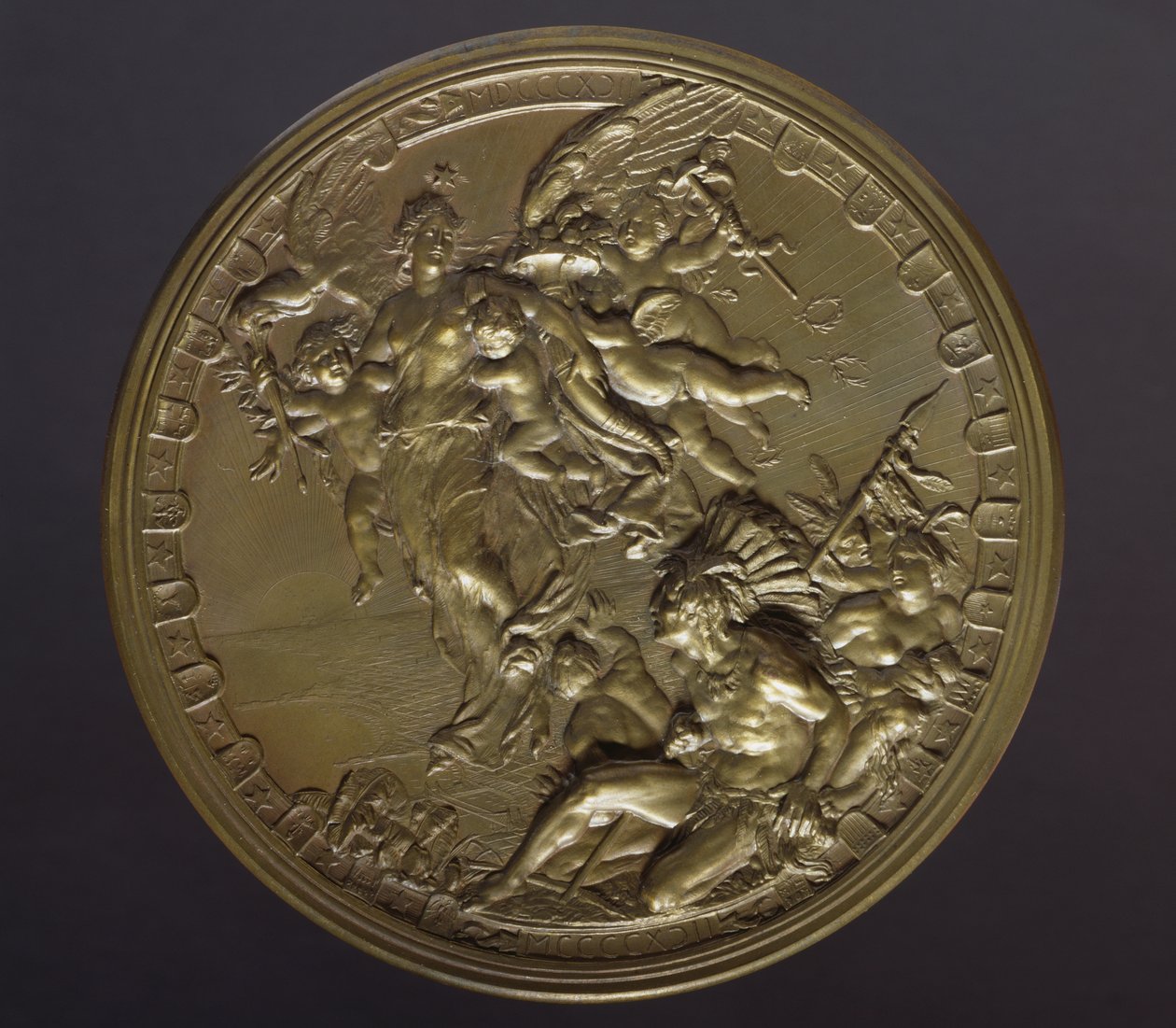 Medaglia in bronzo dorato per celebrare il 400° anniversario della scoperta delle Americhe (1492-1892) da Benjamin Baud