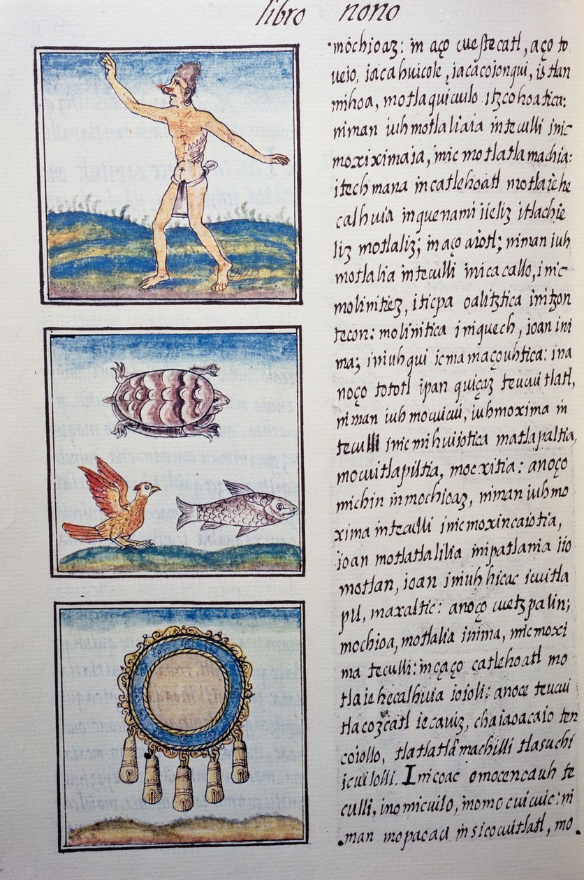 Orafo, pagina dal Codice Fiorentino, versione bilingue in spagnolo e nahuatl, Storia generale delle cose della Nuova Spagna, del missionario spagnolo Fray Bernardino de Sahagún. Civiltà azteca da William M. Timlin