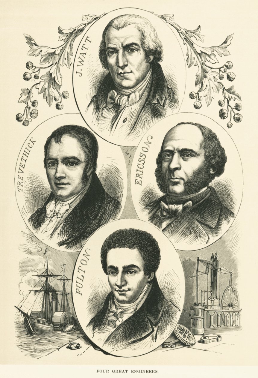 Grandi Ingegneri e Inventori: James Watt, John Ericsson, Robert Fulton, Richard Trevithick, c.1880 da Unbekannt