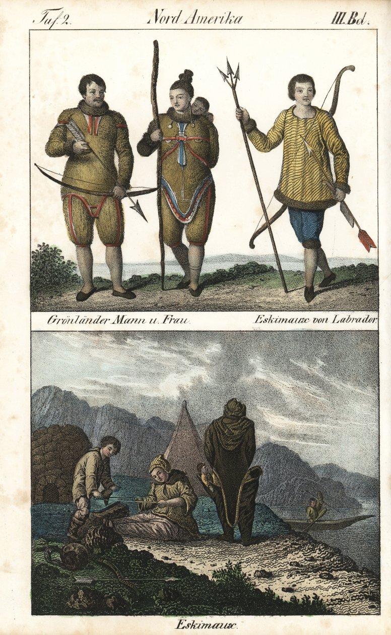 Abitanti della Groenlandia con pelli e un Inuit del Labrador (Canada) con un tridente. Sotto una scena quotidiana della vita familiare Inuit davanti a un igloo, una tenda e una canoa, Nord America. Litografia per il libro: “Galerie complete en tableaux fid da Unbekannter Künstler