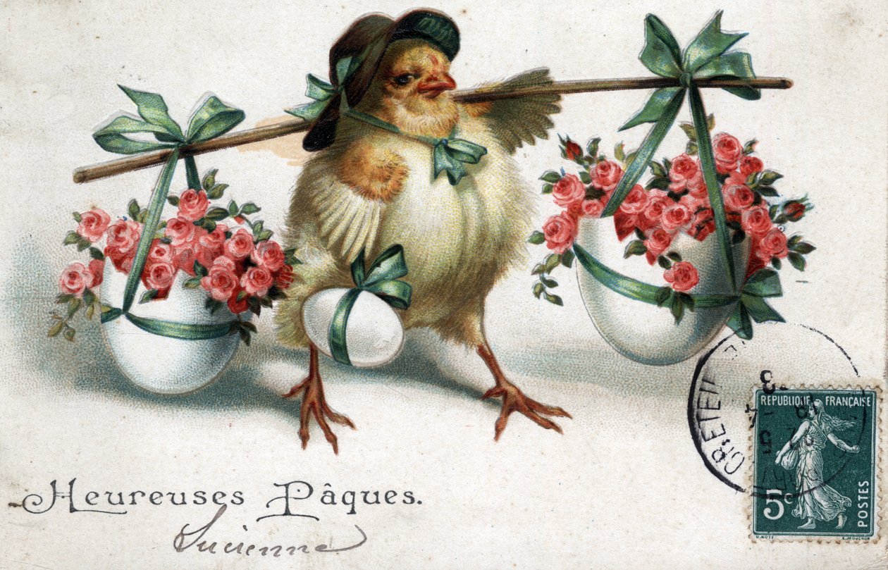 Cartolina di auguri per Pasqua: un pulcino che trasporta uova piene di rose - Cartolina datata 1908 da Unbekannt
