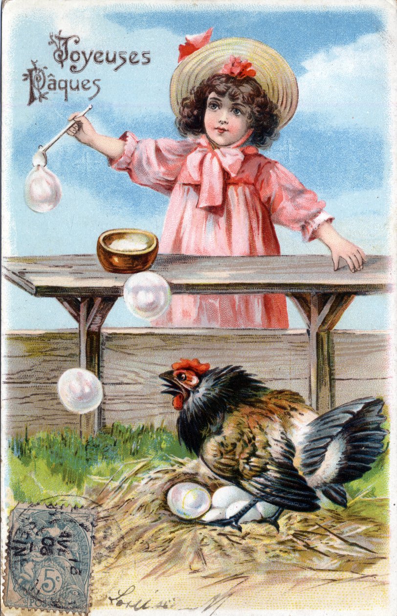 Cartolina di auguri per Pasqua: una gallina che copre le sue uova guarda curiosamente le bolle di sapone fatte da una bambina - Cartolina datata 1900-1909 da Unbekannt