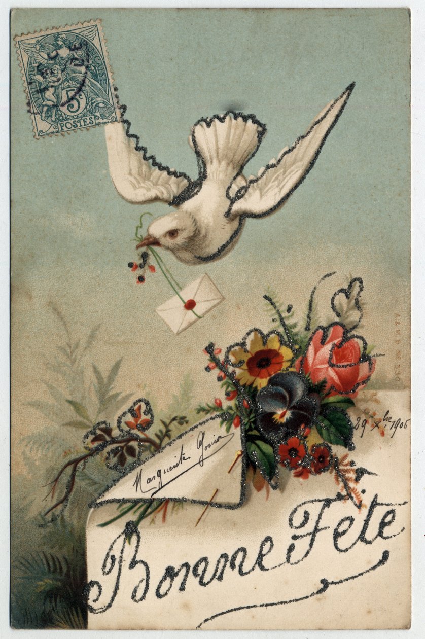 Biglietto di auguri: un uccello porta una lettera sigillata - Cartolina datata 1906 da Unbekannt