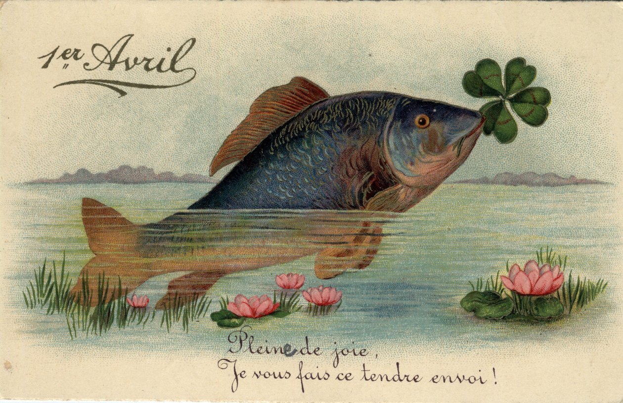 Biglietto di auguri per il 1° aprile: pesce con un quadrifoglio - Cartolina fine XIX-XX secolo da William M. Timlin