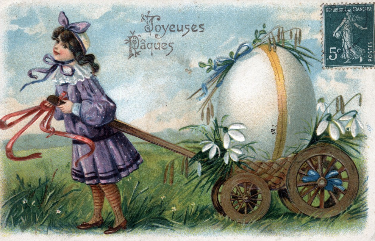 Cartolina di auguri per Pasqua: una bambina intrappola un uovo gigante in un carrello da William M. Timlin