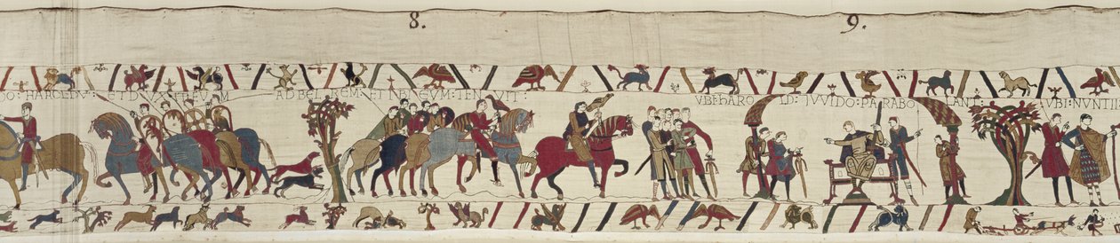 Guy di Ponthieu prende Harold prigioniero e lo porta al castello di Beaurain, Arazzo di Bayeux da Unbekannt