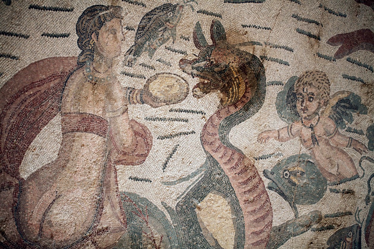 Sala di Arione. Scena marina. Creature marine. Nereidi e tritoni. III - IV secolo. Villa Romana del Casale, Sicilia. Sito UNESCO. da William M. Timlin