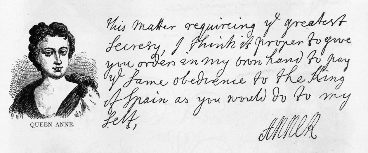 Scrittura e firma della Regina Anna da una lettera che istruisce Sir George Rooke a obbedire al Re di Spagna, 20 gennaio da Unbekannt
