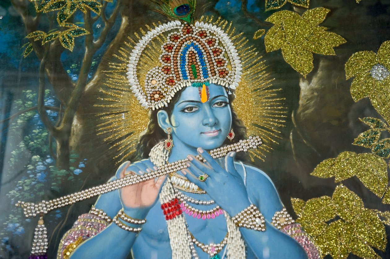 Induismo; dipinto di Lord Krishna con flauto; Durgiana Mandir Vishnu Temple; Amritsar; Punjab; India; Asia meridionale; Asia da Unbekannt