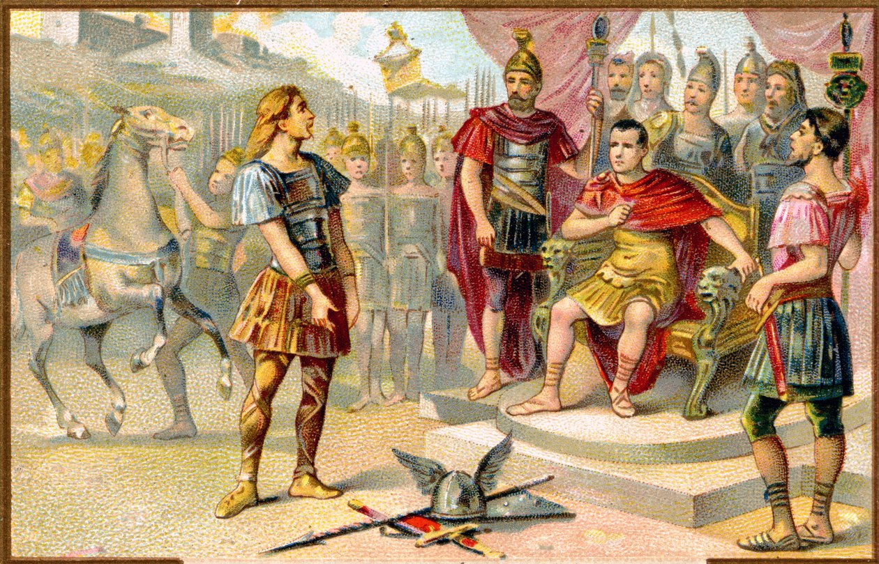 Storia. Antica Roma. Vercingetorige (capo di una tribù gallica: gli Averni) si arrende a Giulio Cesare ad Alesia, 52 a.C. Immagine, Francia, c.1900 da Unbekannter Künstler