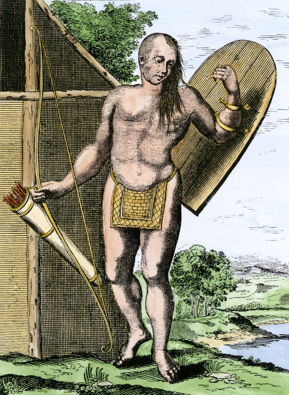 Storia dei popoli indigeni: Un indiano del Canada con uno scudo, un arco e frecce in una faretra da Unbekannter Künstler