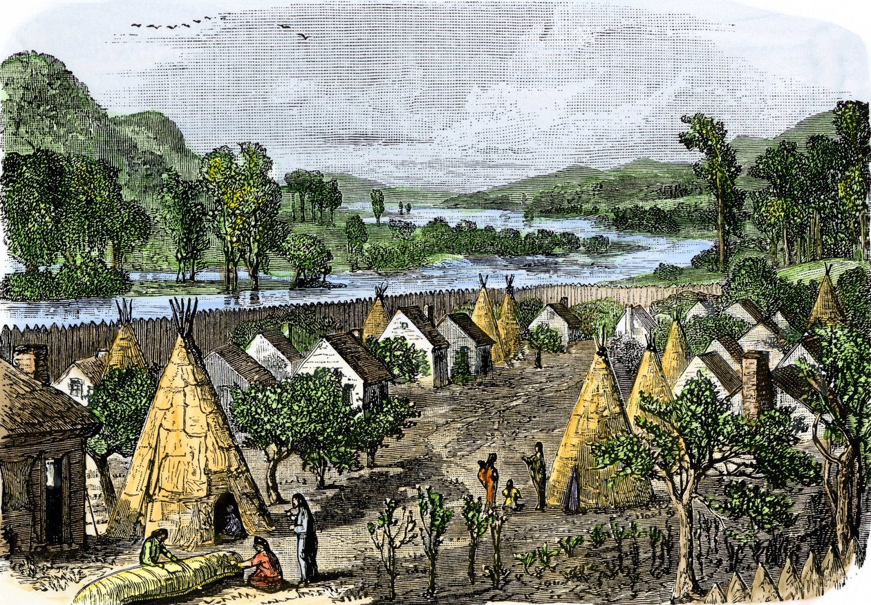 Storia dei Popoli Indigeni: Villaggio Mohawk, New York, circa 1780. Incisione colorata del XIX secolo da Unbekannter Künstler