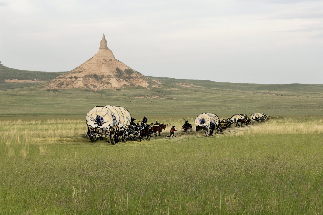 Storia dei coloni e della conquista del West: pionieri americani. Viaggi di diverse famiglie attraverso le pianure degli Stati Uniti. Diligenze che attraversano Chimney Rock sull