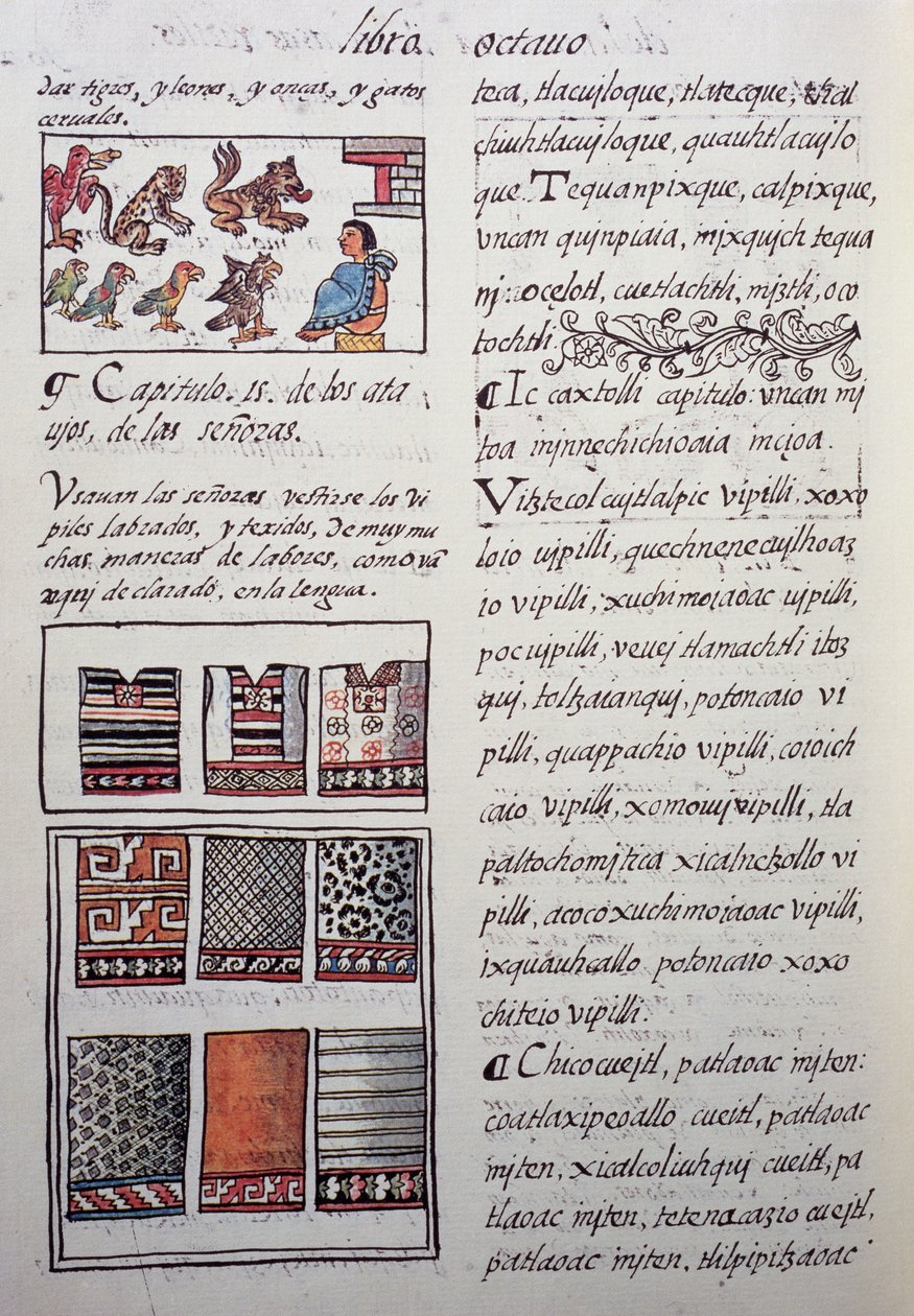Huipil, indumento femminile indossato dalla nobiltà con bluse ricamate, Libro VIII del Codice Fiorentino, Storia generale delle cose della Nuova Spagna, del missionario spagnolo Fray Bernardino de Sahagún. Civiltà azteca da William M. Timlin
