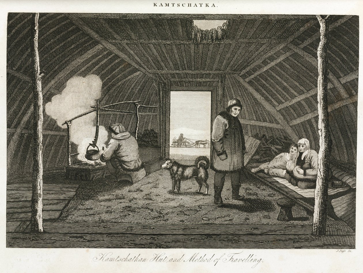 Capanna del Kamchatka (penisola estrema orientale della Russia) e slitta da trasporto, circa 1810 da Unbekannt
