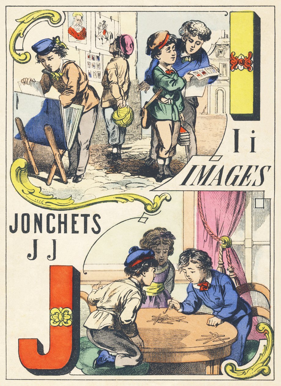 I J : immagini, jonchets - Alfabeto dei Giochi, c.1890 (illustrazione) da Unbekannt
