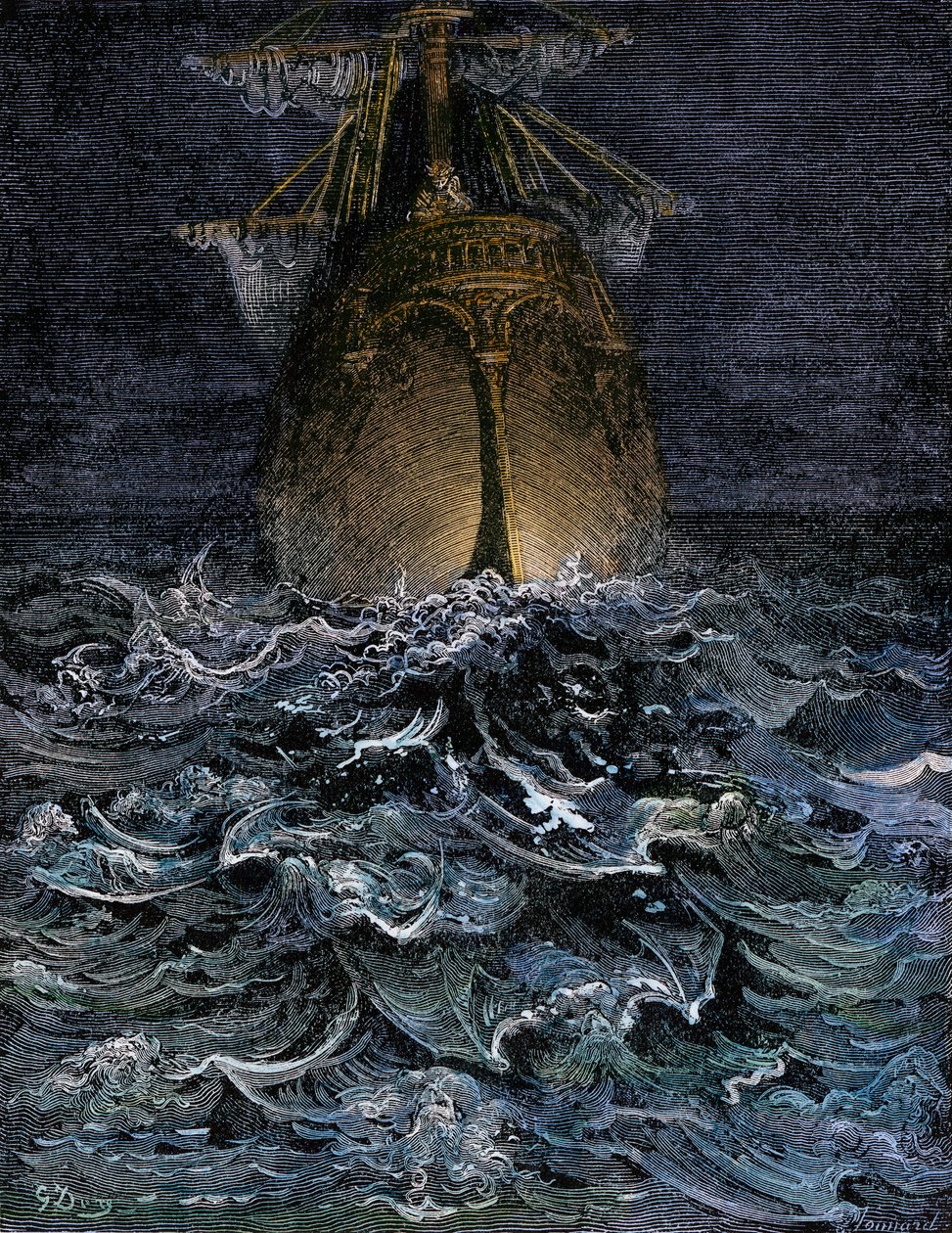 Ho osservato il mare in decomposizione, lo scafo di una nave sul mare di notte - Illustrazione di Gustave Doré (1832-1883) per "La ballata del vecchio marinaio" di Samuel Taylor Coleridge (1772-1834) - Incisione colorata da Unbekannter Künstler