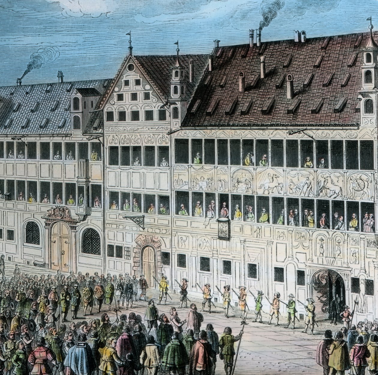 Davanti alla casa Fugger sul Weinmarkt nella città di Augusta, la gente rende omaggio al re svedese Gustavo Adolfo da Unbekannter Künstler