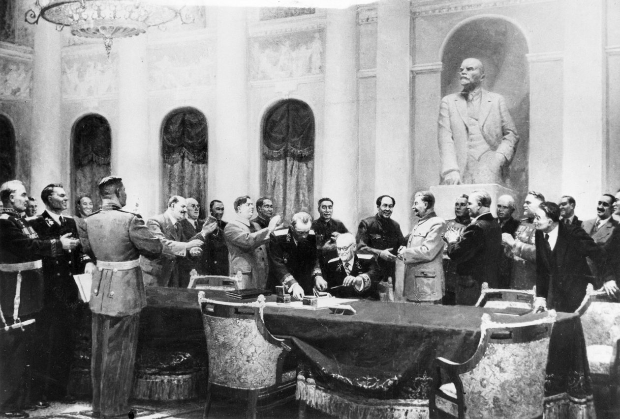 In nome della pace, dipinto di artisti sovietici, raffigura la firma del Trattato di amicizia, alleanza e assistenza reciproca tra l