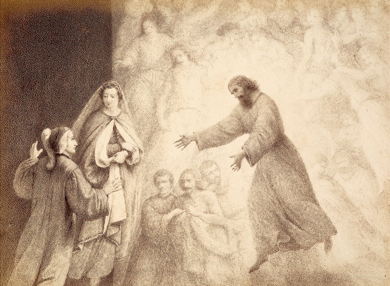 Nella Sfera di Marte, Dante incontra lo spirito del suo antenato Cacciaguida. Illustrazione del Canto XV del Paradiso della Divina Commedia di Dante Alighieri. Opera di Francesco Scaramuzza dedicata al Comune di Firenze. da Unbekannter Künstler