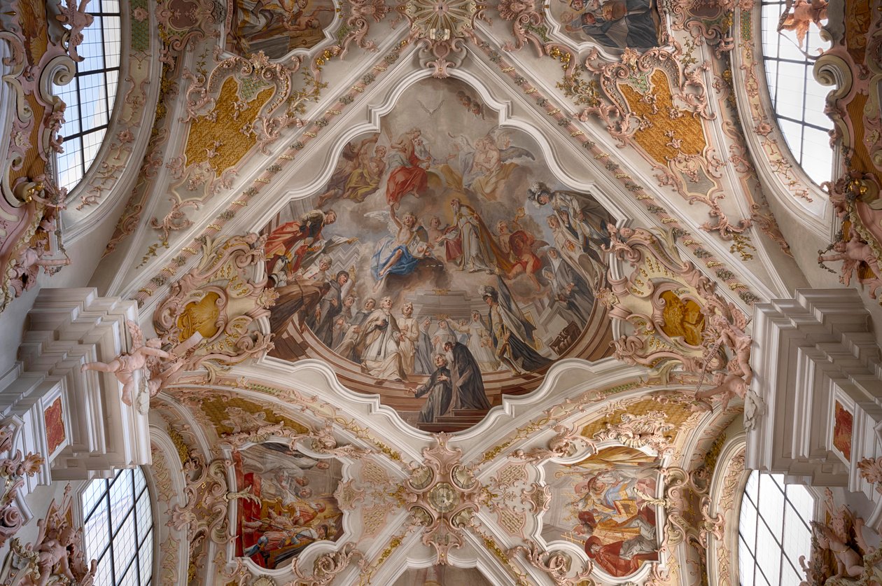 Fotografia interna di affreschi sul soffitto, dipinto sul soffitto, basilica del monastero, chiesa del monastero, monastero dei canonici agostiniani, monastero di Neustift, anche monastero, Vahrn vicino a Bressanone, Bressanone, Alto Adige, Italia, Europa  da Unbekannter Künstler