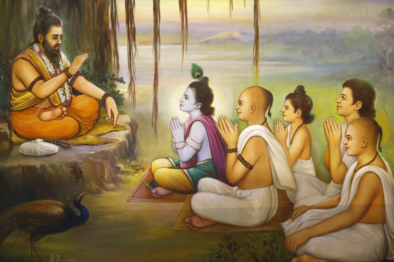 Tempio indù Jalaram Prathna, Leicester. Affresco. Krishna e devoti ascoltano Balarama. Regno Unito da Unbekannt