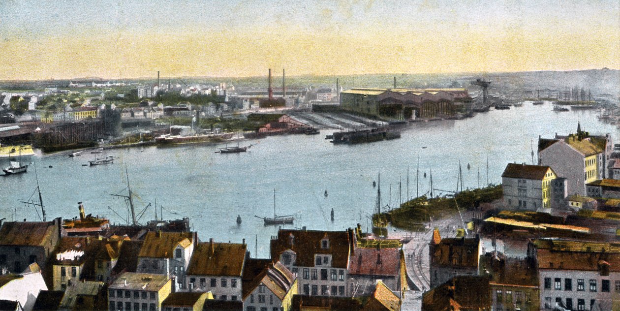 Kiel, Germania - vista del cantiere navale dalla Nicolaikirche da Unbekannter Künstler