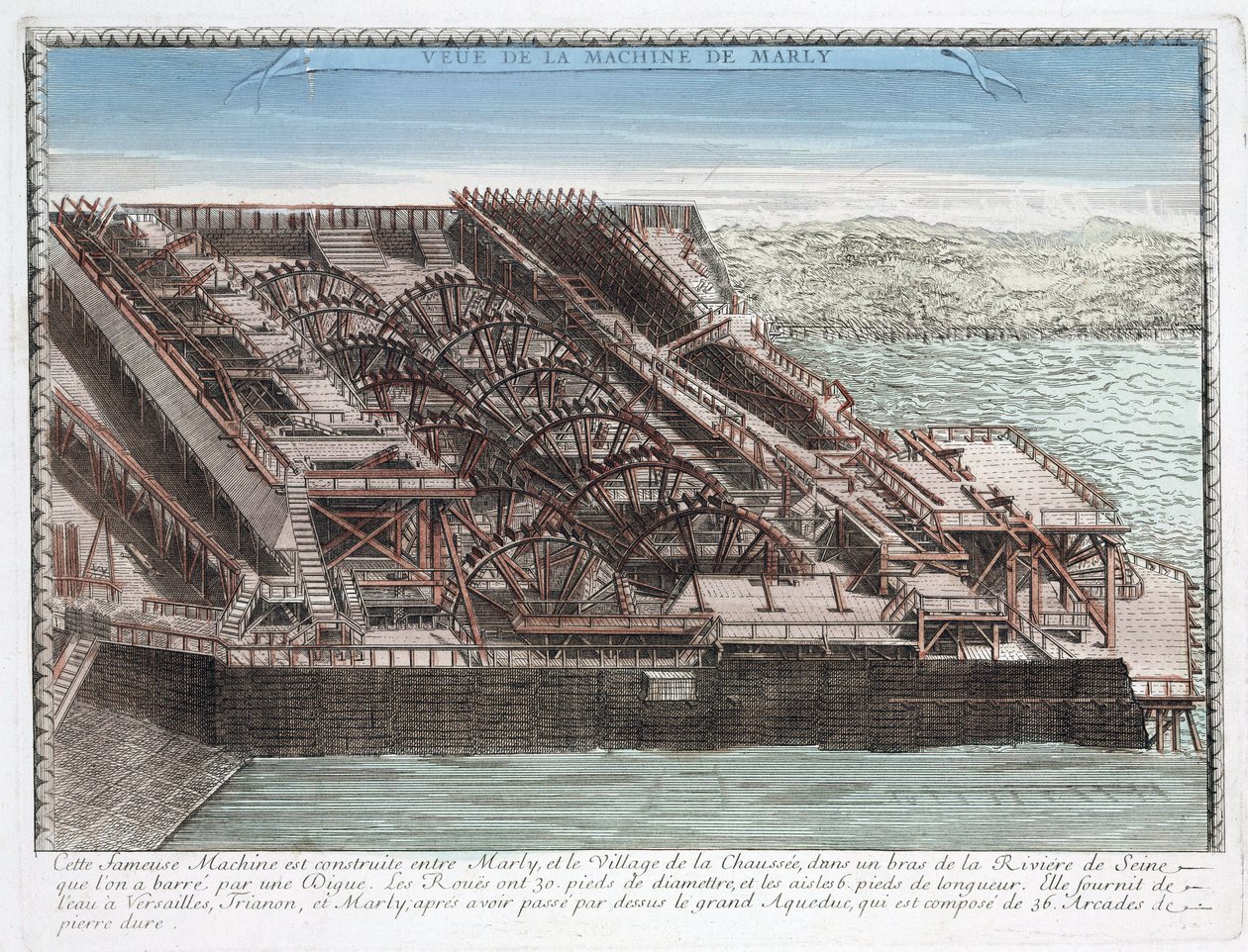 La macchina di Marly di Rennequin che serviva a pompare e condurre le acque della Senna a Versailles tramite l