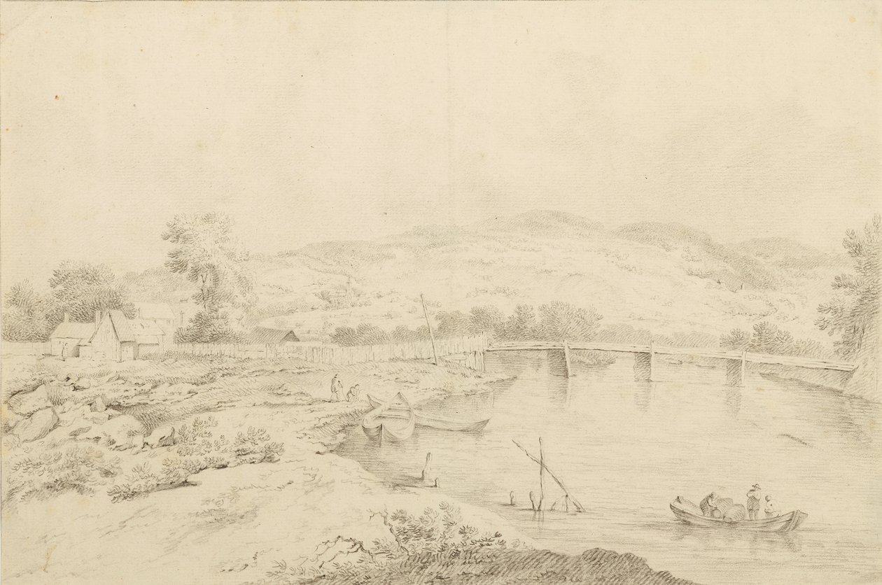 Paesaggio sul fiume, con ponti e barche da Unbekannter Künstler