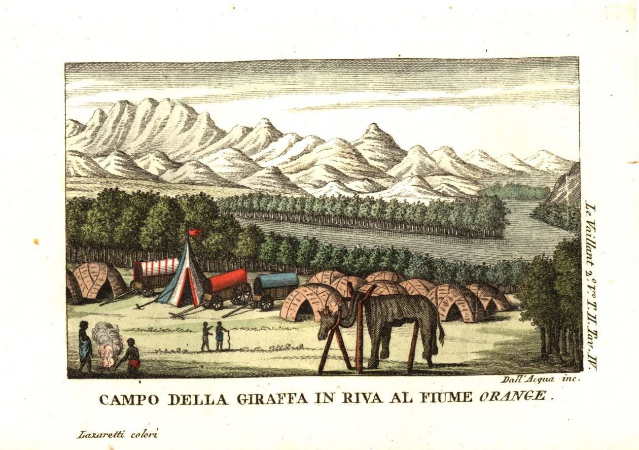 Il campo di Le Vaillant sulle rive del fiume Orange nel Richtersveld. Una pelle di giraffa è in fase di tassidermia su un telaio. Da Francois Le Vaillant (Levaillant da Unbekannter Künstler