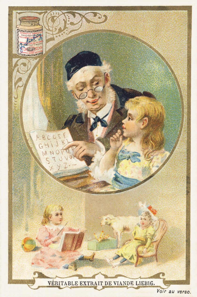 Lettura con il nonno. Cromolitografia pubblicitaria che rappresenta in una cornice circolare una persona anziana, una bambina al suo fianco. In basso nell