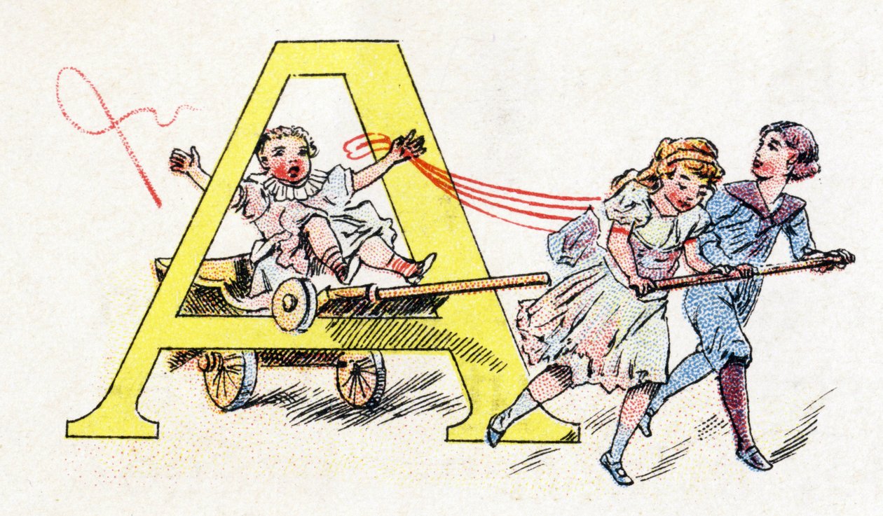 Lettera A: Divertimento con carrozza. Alfabeto di Phosphatine Falieres. Incisione. Alfabeto brevettato S.G.D.G. dal farmacista Pierre Emile Falieres. Illustrazioni in cromolitografia, fine XIX secolo. 16 pagine. Dim: 103x154mm da Unbekannt