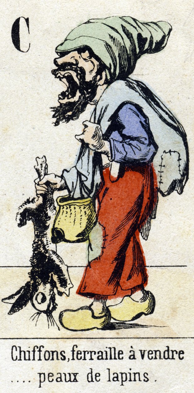 Lettera C "Stracci, rottami in vendita... pelli di coniglio." Alfabeto "Divertimento dei bambini". Immagini di Epinal, circa 1890. Serie popolare. Piccolo opuscolo di 8 pagine. da Unbekannt