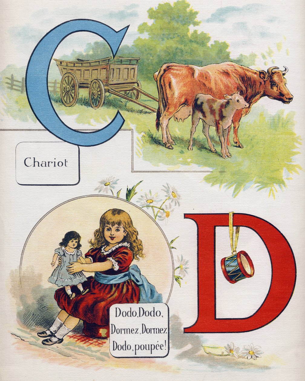 Lettera C e D: Carro e bambola che dorme. Incisione in "ABC L