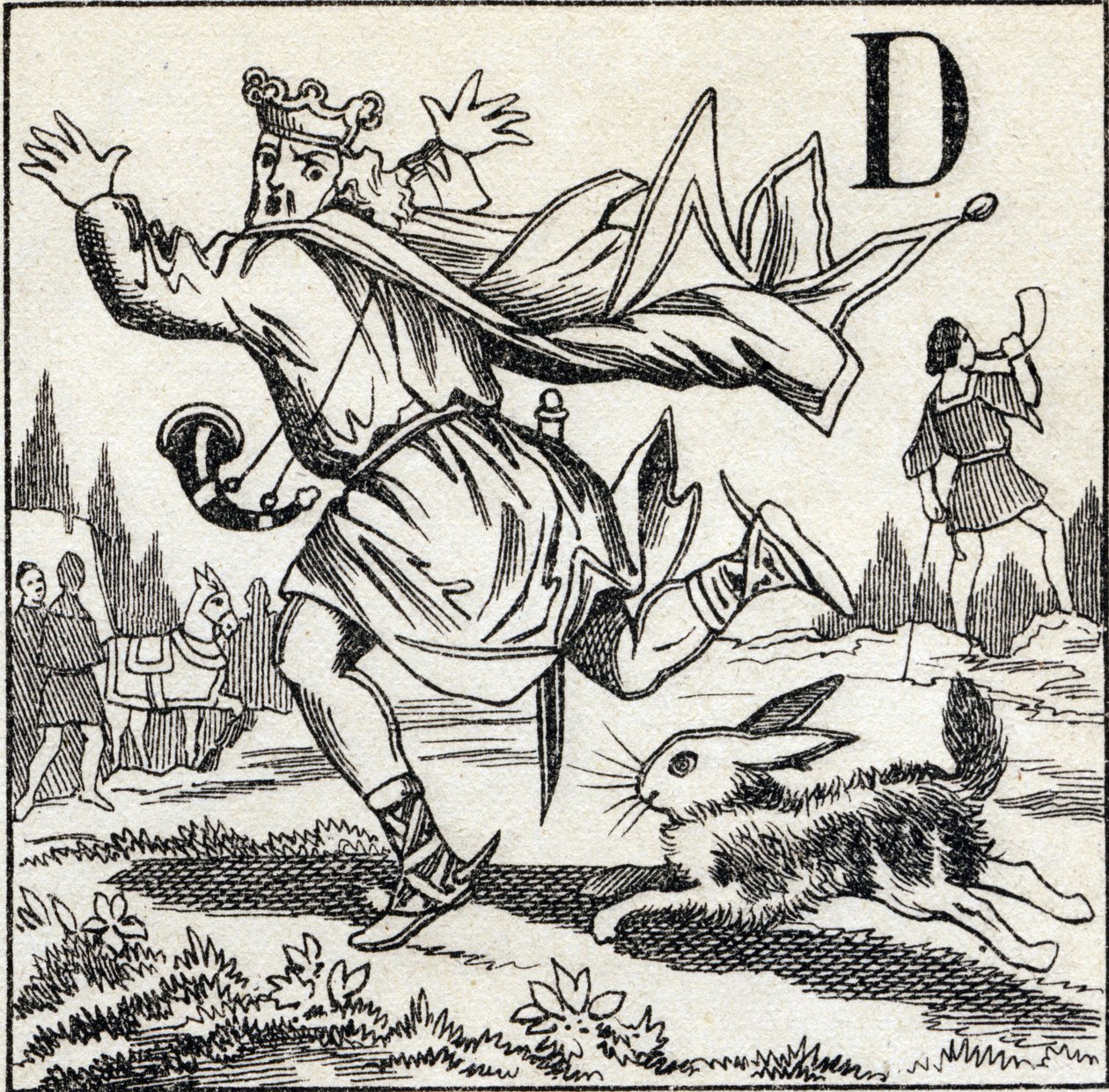 Lettera D: Re Dagoberto inseguito da una lepre. Incisione in "ABC Les Images en Alphabet". Imagerie d